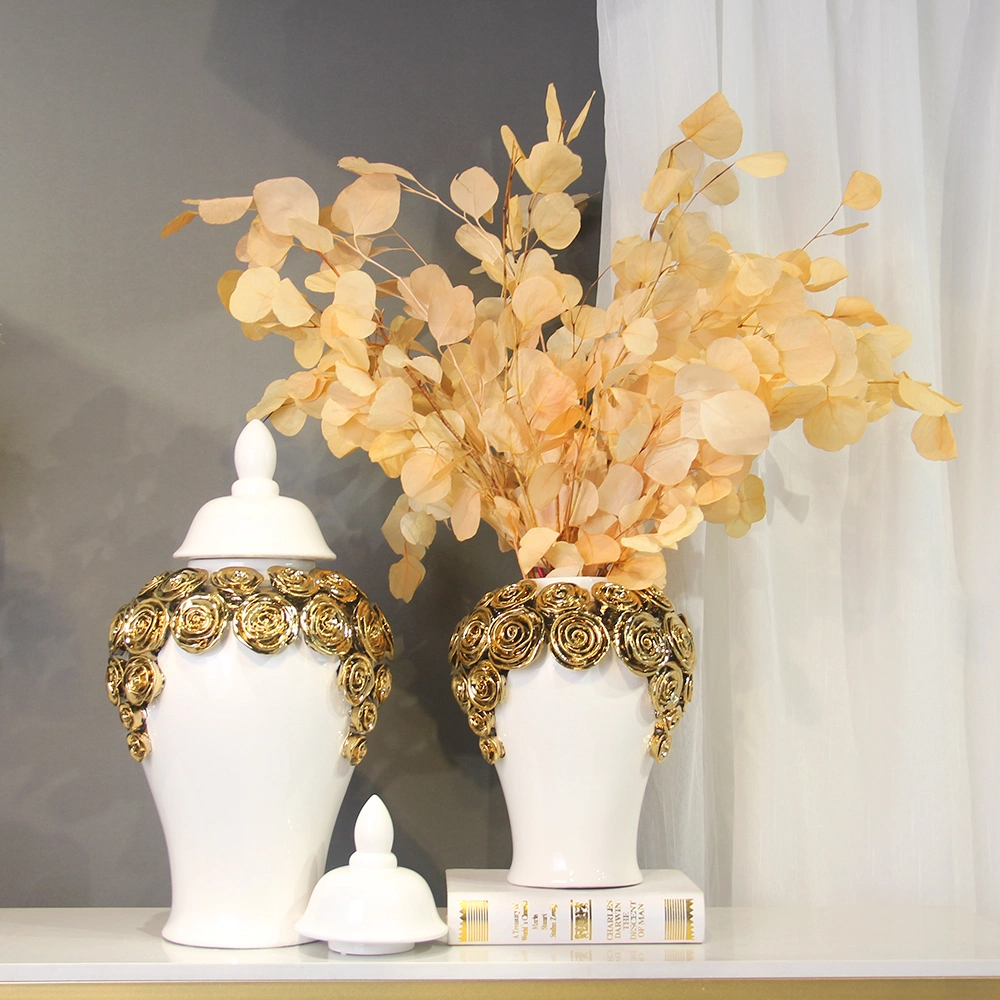 J243 Interior Home Decoration Nordic Vase Luxuriant Gold and White Rose Flower Ceramic Ginger Jar