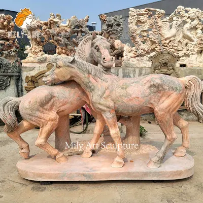 Ручная работа на заказ поставщик завод хорошая цена в натуральную величину животное каменная скульптура красный мрамор пара статуя лошади